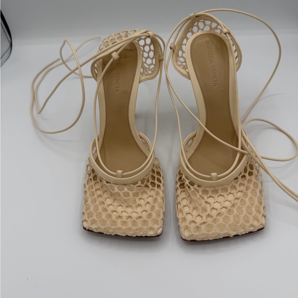 Bottega Veneta Stretch Mesh Lace Up Heels Nude Beige Square Toe Sandal 38